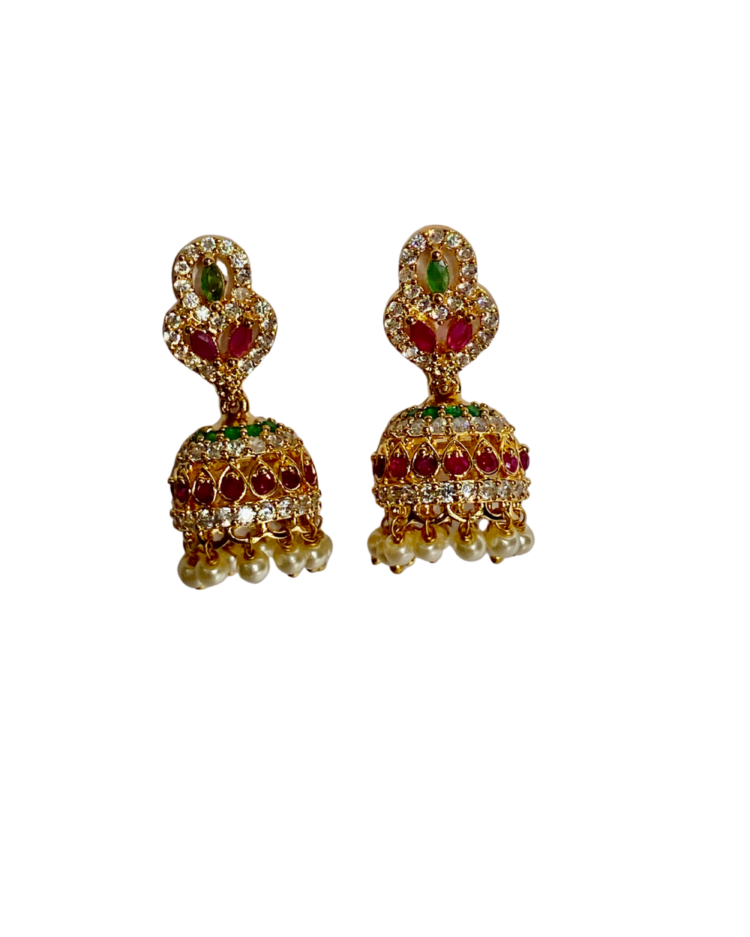 royal ruby & emerald pearl drop jhumka earrings royal ruby & emerald pearl drop jhumka earrings