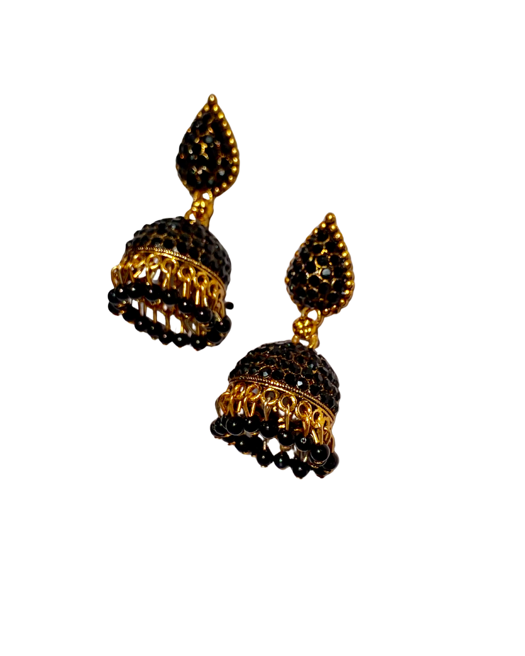 elegant black stone gold plated jhumka earrings elegant black stone gold plated jhumka earrings