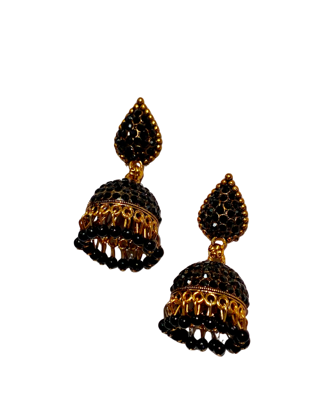 elegant black stone gold plated jhumka earrings elegant black stone gold plated jhumka earrings
